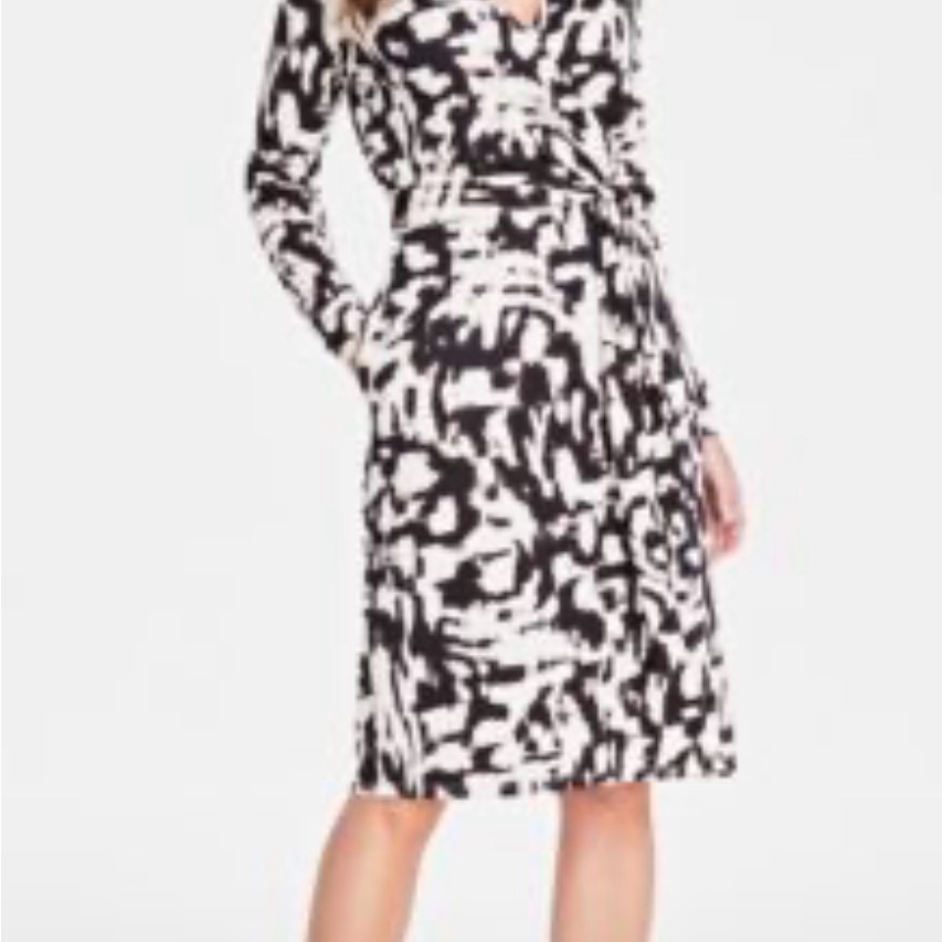Vince Camuto Black And White Abstract Long Sleeve Dress